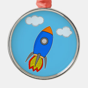 Karikatur-Weltraumrakete am blauen Himmel Ornament Aus Metall