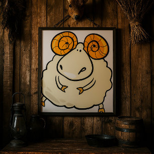 Karikatur-Widder mit gekrümmten Hörnern Poster
