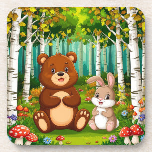 Karikaturbär und -kaninchen sitzen in einem üppige getränkeuntersetzer