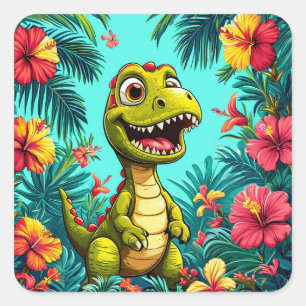 Karikaturen-Dinosaurier-Dschungel 🌴 Glücklicher D Quadratischer Aufkleber