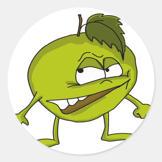 Karikaturenfigur aus grünem Apfel mit einem bösen  Runder Aufkleber (Vorderseite)