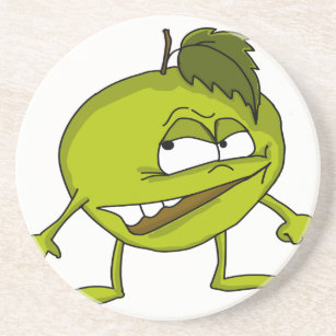 Karikaturenfigur aus grünem Apfel mit einem bösen  Sandstein Untersetzer