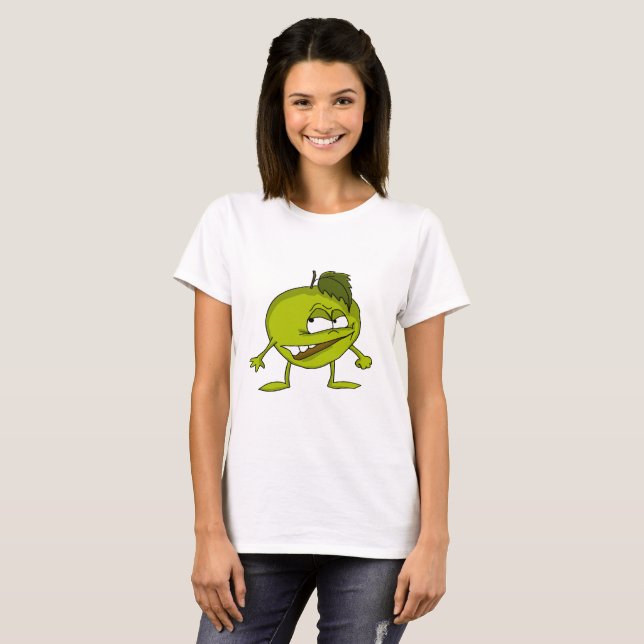 Karikaturenfigur aus grünem Apfel mit einem bösen  T-Shirt (Vorne ganz)