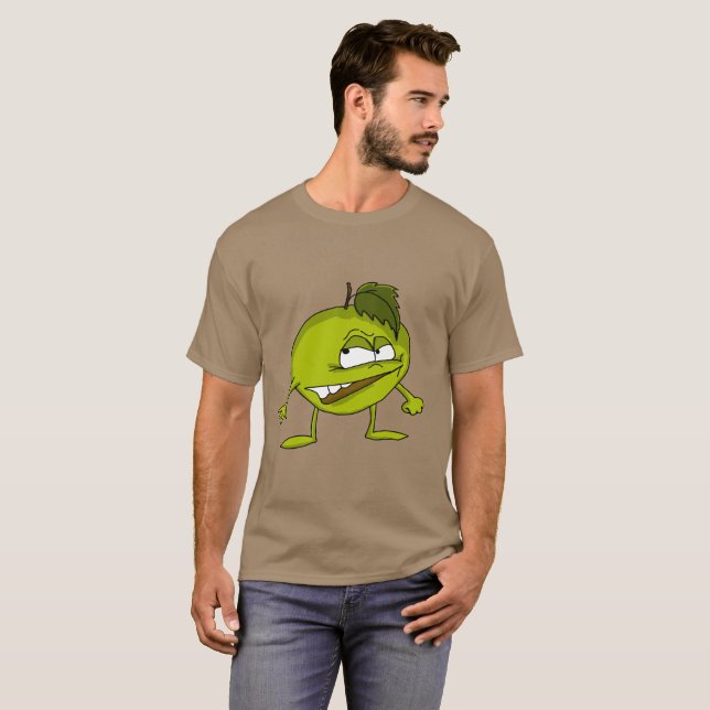 Karikaturenfigur aus grünem Apfel mit einem bösen  T-Shirt (Vorne ganz)