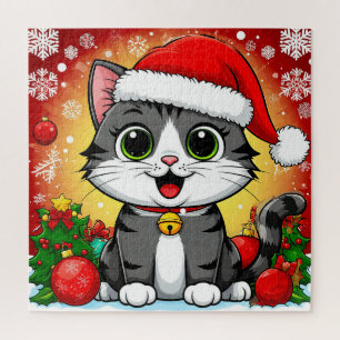 Karikaturkatze in Santa-Mütze mit Weihnachtsdekora