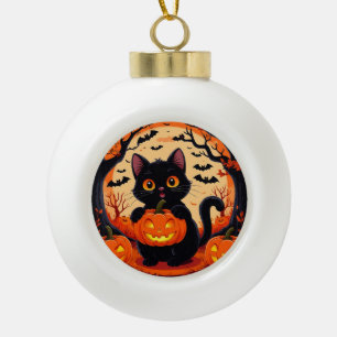 Karikaturkatze und Kürbisse unter Vollmond Keramik Kugel-Ornament