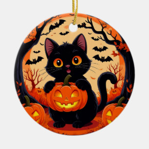 Karikaturkatze und Kürbisse unter Vollmond Keramik Ornament