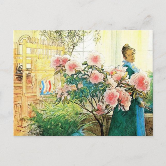 Karin mit rosa Blume und ihre Lounge Postkarte (Vorderseite)