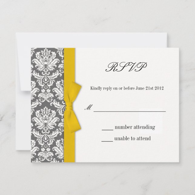 Karkohle Damask Gelber Bow-Hochzeitungs-Antwortkar RSVP Karte (Vorderseite)