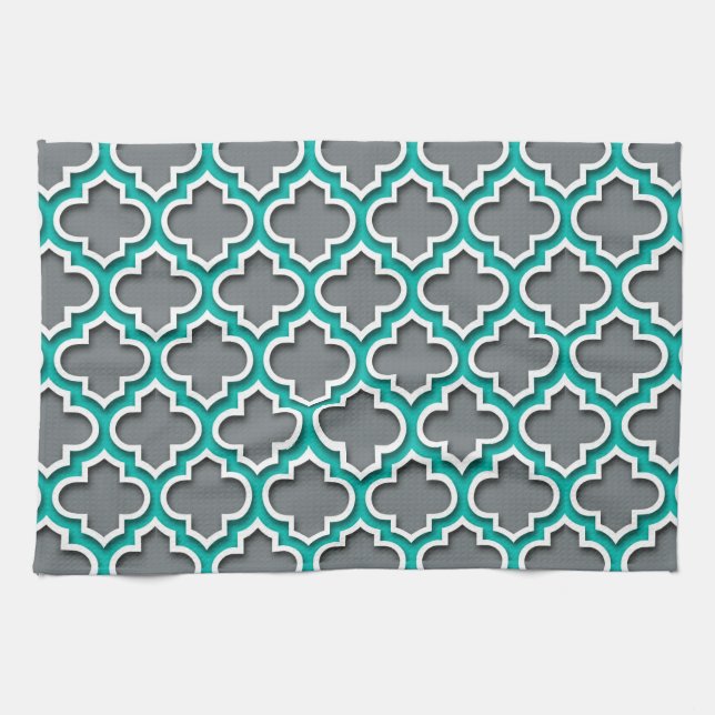 Karkohle Grau Aquamarin Weißes marokkanisches Quat Geschirrtuch (Horizontal)