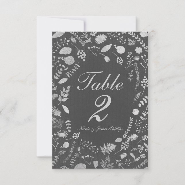 Karkohle Grau & Silver Floral Wedding Table Card Einladung (Vorderseite)