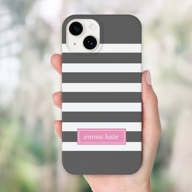 Karkohle Grau und rosa Preppy Stripes Monogramm title_seo2 (Von Creator hochgeladen)