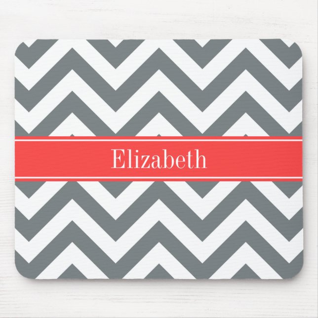Karkohle Weißes LG Zickzack-Korallenrot Monogramm Mousepad (Vorne)