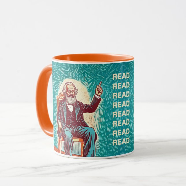Karl Marx liest Wurmgeschenk Tasse (Vorderseite Links)