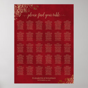 Karmesinrot & Gold 30-Tisch-Hochzeits-Sitzplan Poster