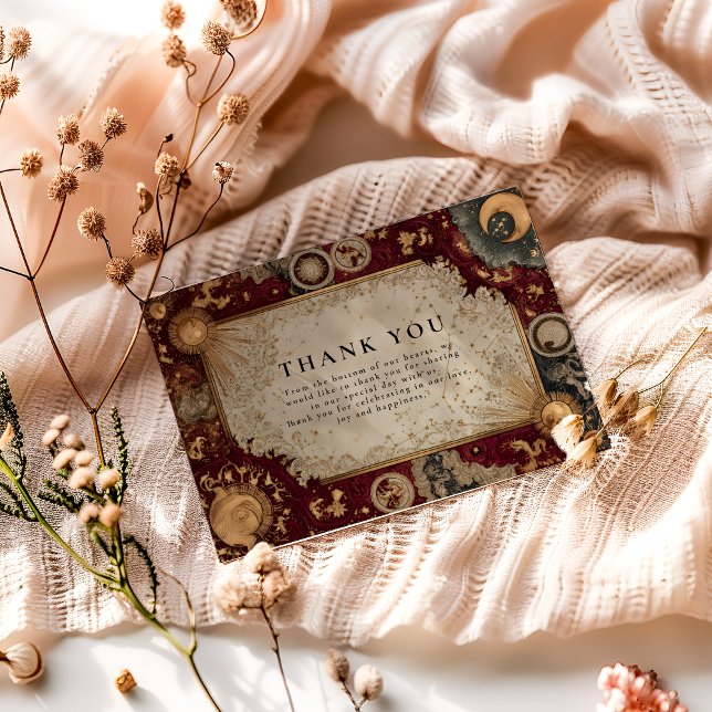 Karmesinrote himmlische barocke Hochzeit Dankeskarte (Von Creator hochgeladen)