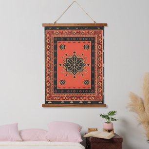 Karmesinrote und Obsidian geometrische Stammesster Wandteppich Mit Holzrahmen