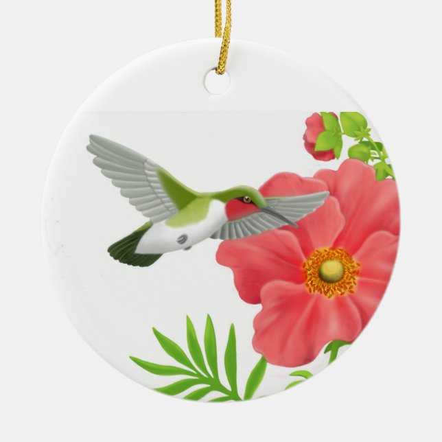 Karminrote Throated Kolibri-Verzierung Keramikornament (Vorne)