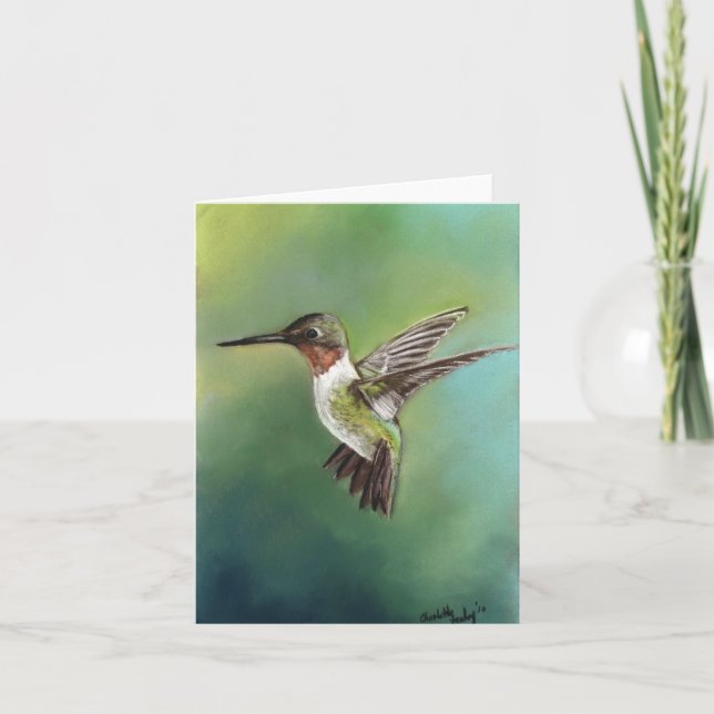 Karminrote Throated Kolibri-Vogel-Kunst Notecard Karte (Vorderseite)