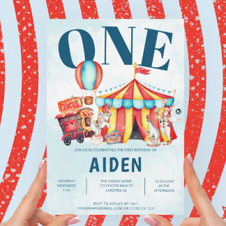 Karneval Circus Big Top Blue 1. Geburtstag Einladung