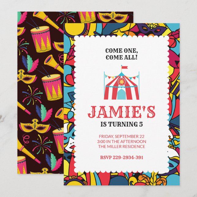 Karneval Circus Pary Einladung zum Geburtstag (Vorne/Hinten)