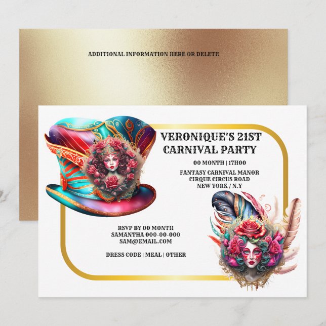 Karneval Fantasy Ladys Rose Federn um Gold Einladung (Vorne/Hinten)