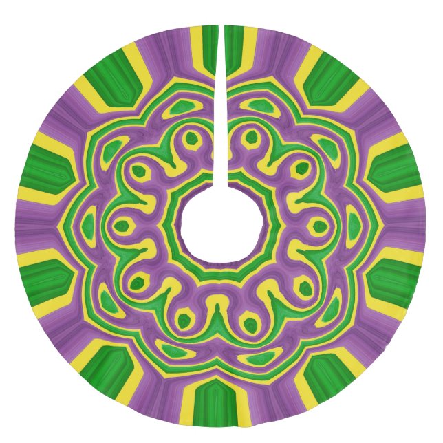 Karneval-grüner gelber lila MusterMandala Polyester Weihnachtsbaumdecke (Vorderseite)