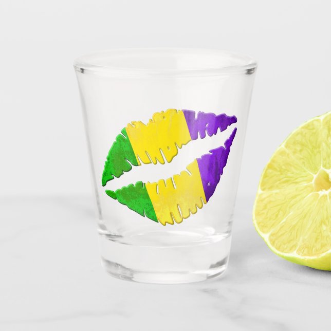 Karneval-Kuss-Lippenlila gelbes Grün Schnapsglas (Vorderseite)
