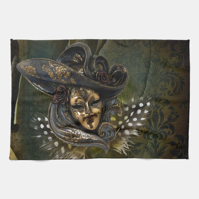Karneval Mask-Green Damask Küchentuch (Horizontal)