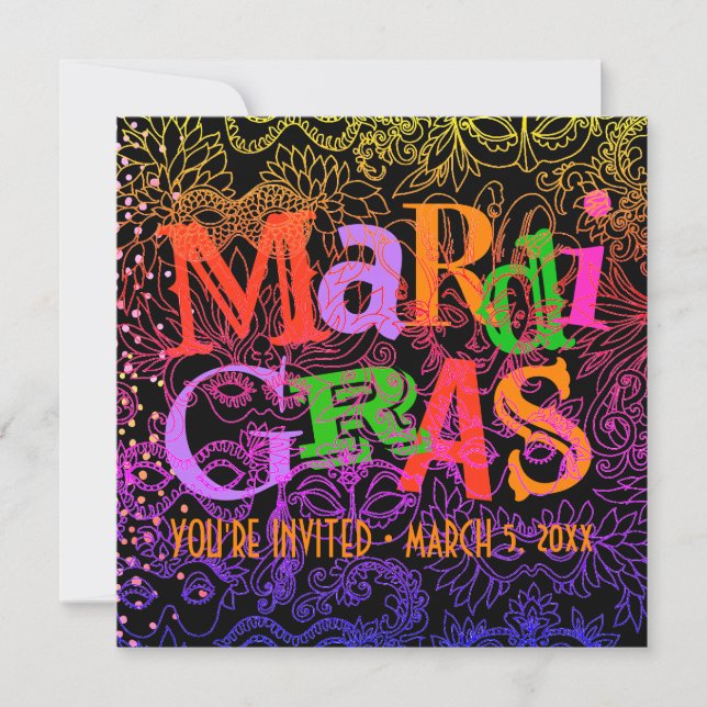 Karneval maskiert buntes Typografie-Quadrat Einladung (Vorderseite)