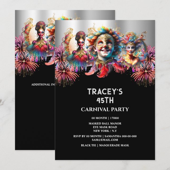 Karneval Nachtzirkus Feuerwerk Masquerade Masken Einladung (Vorne/Hinten)