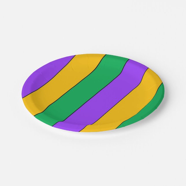 Karneval Stripes Muster-lila grünes Gelb Pappteller (Schrägansicht)