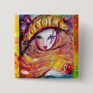 KARNIVALMASK IN GOLDGELB MIT ROTE ROSE BUTTON