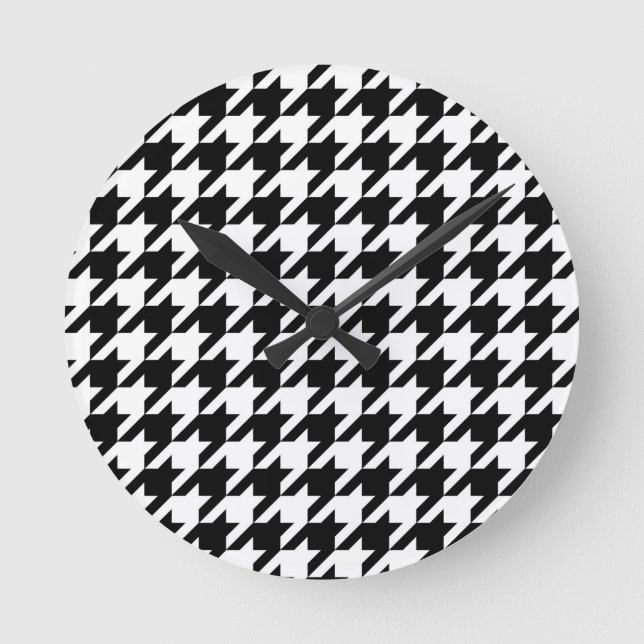 Karo aus schwarzem und weißem Hahnentrittmuster Runde Wanduhr (Vorderseite)