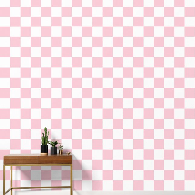 Karo Baby Pink und White Checkerboard Muster Tapete (Korridor)