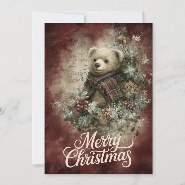 Karo-Bär und Weihnachtsstern-Kranz Feiertagskarte (Vorderseite)