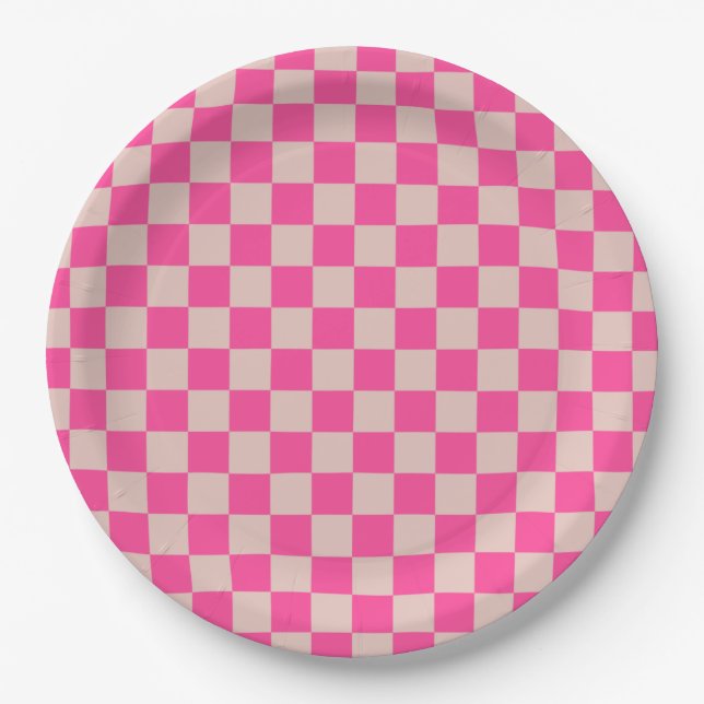 Karo Coral Pink Checked Pattern Checkerboard Pappteller (Vorderseite)