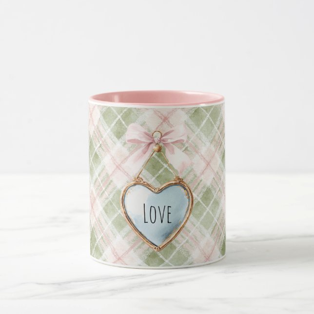 Karo Grün Pink Schleife Blau Gold Herz Liebe Tasse (Zentrum)