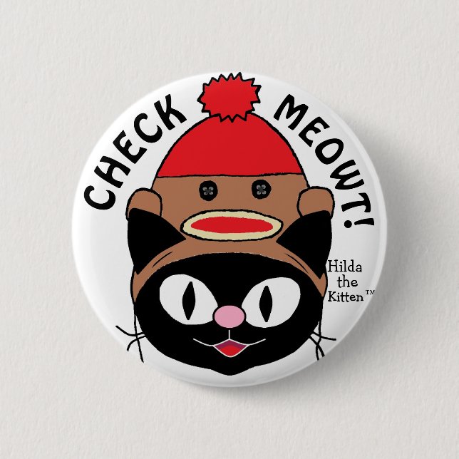 KARO MEOWT! Black Cartoon Cat mit Sock Monkey Hat Button (Vorderseite)