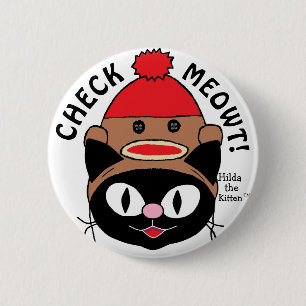 KARO MEOWT! Black Cartoon Cat w/Sock Monkey Hat Button