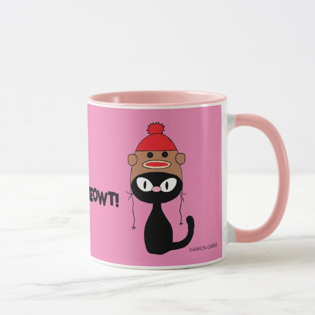 Karo Meowt! Cartoon Black Cat mit Sock-Affenhut Tasse (Rechts)