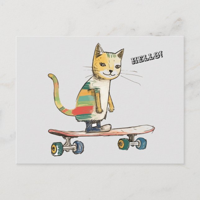 Karo Meowt! Funny Cool Cat Skateboarding Postcard Postkarte (Vorderseite)
