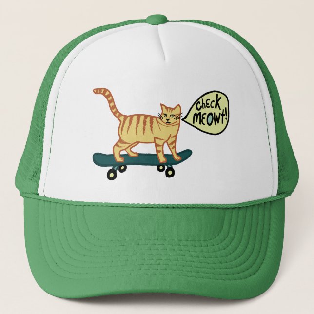 Karo Meowt Punny Skateboarding Tabby Cat Truckerkappe (Vorderseite)