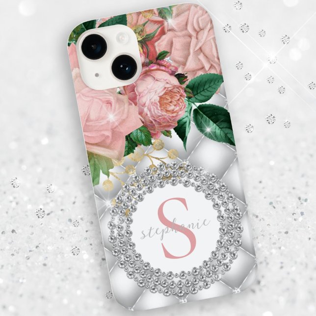 Karo Monogram Roses Funkelnd Blende gespannt Case-Mate iPhone 14 Hülle (Diamonds Monogram Pink Roses Sparkly Bling Tufted Case-Mate iPhone Case)