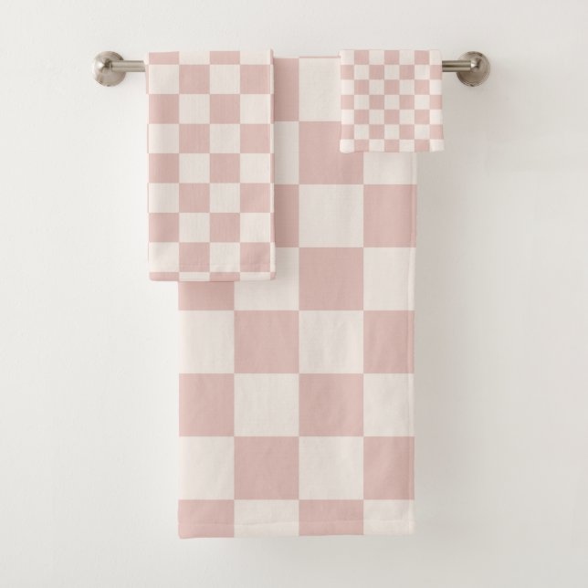 Karo Pale Beige Checked Pattern Checkerboard Badhandtuch Set (Insitu)