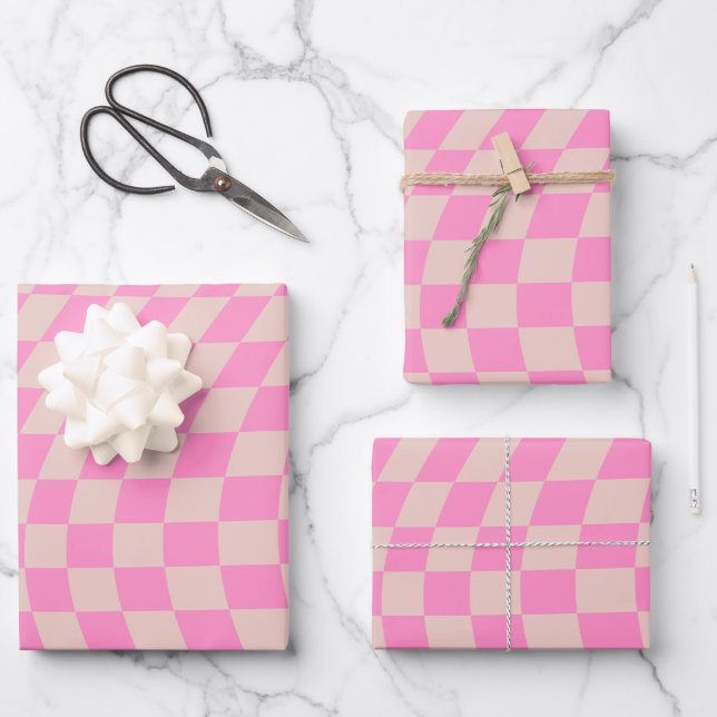 Karo-Patternterpfirsiche und rosa Vorlagenkarton Geschenkpapier Set (Vorderseite)