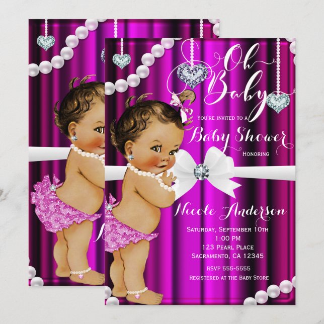 Karo & Pearls Vintage Pink-Babydusche Einladung (Vorne/Hinten)
