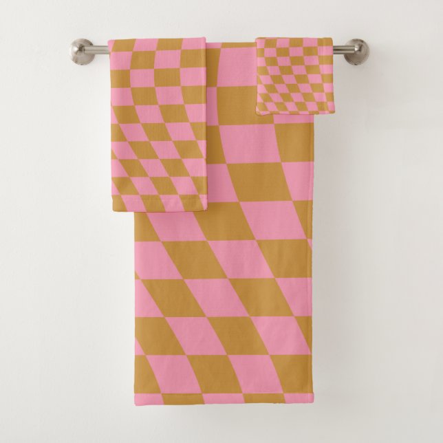 Karo Pink Senf Checked Pattern Checkerboard Badhandtuch Set (Insitu)