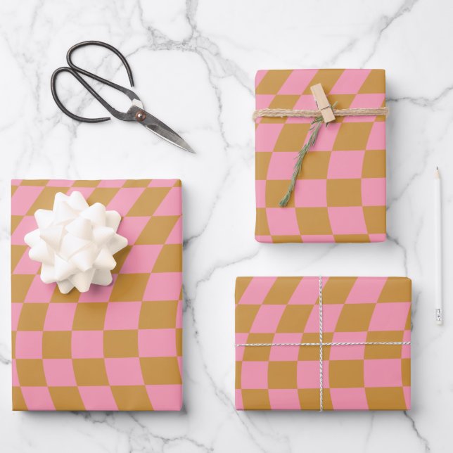 Karo Pink Senf Checked Pattern Checkerboard Geschenkpapier Set (Vorderseite)