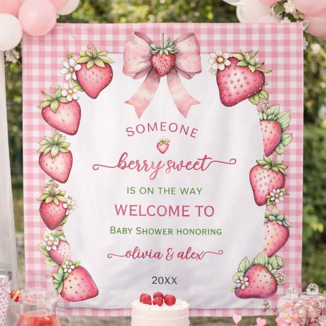 Karo-Schleifen-Beeren-süße-Baby-Shower-Kulisse Wandteppich (Von Creator hochgeladen)